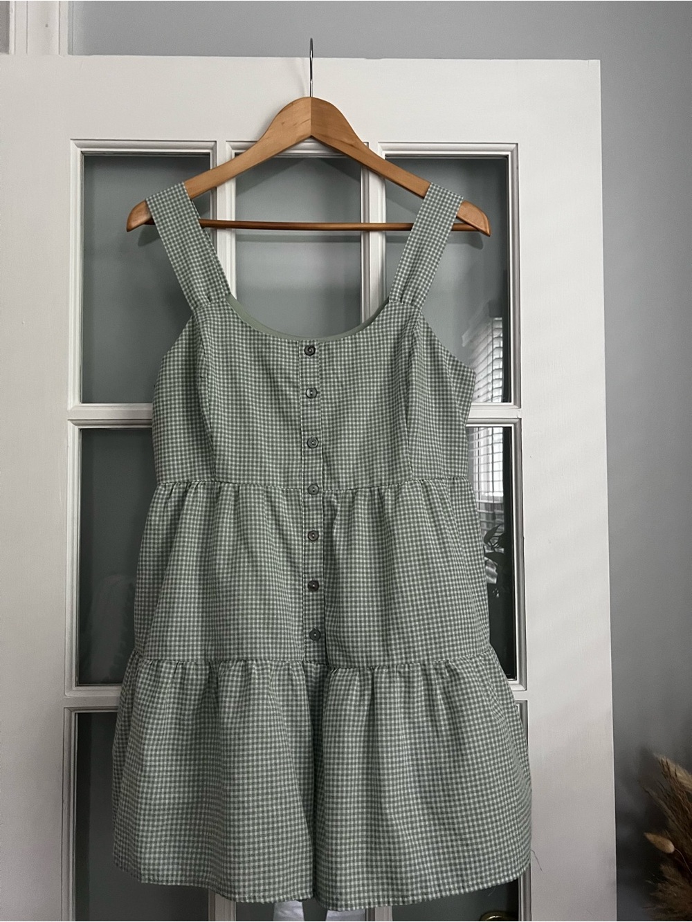 She + Sky Sage Green Gingham Button-Front Tiered Romper